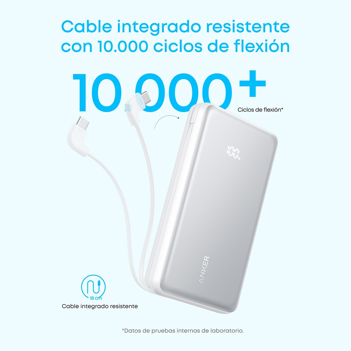 Imagen 7 de Power Bank Anker Zolo, 20000 mAh, 225W, 1 USB-C, 1 Cable retráctil USB-C, 1 USB-A - Blanco Blanco