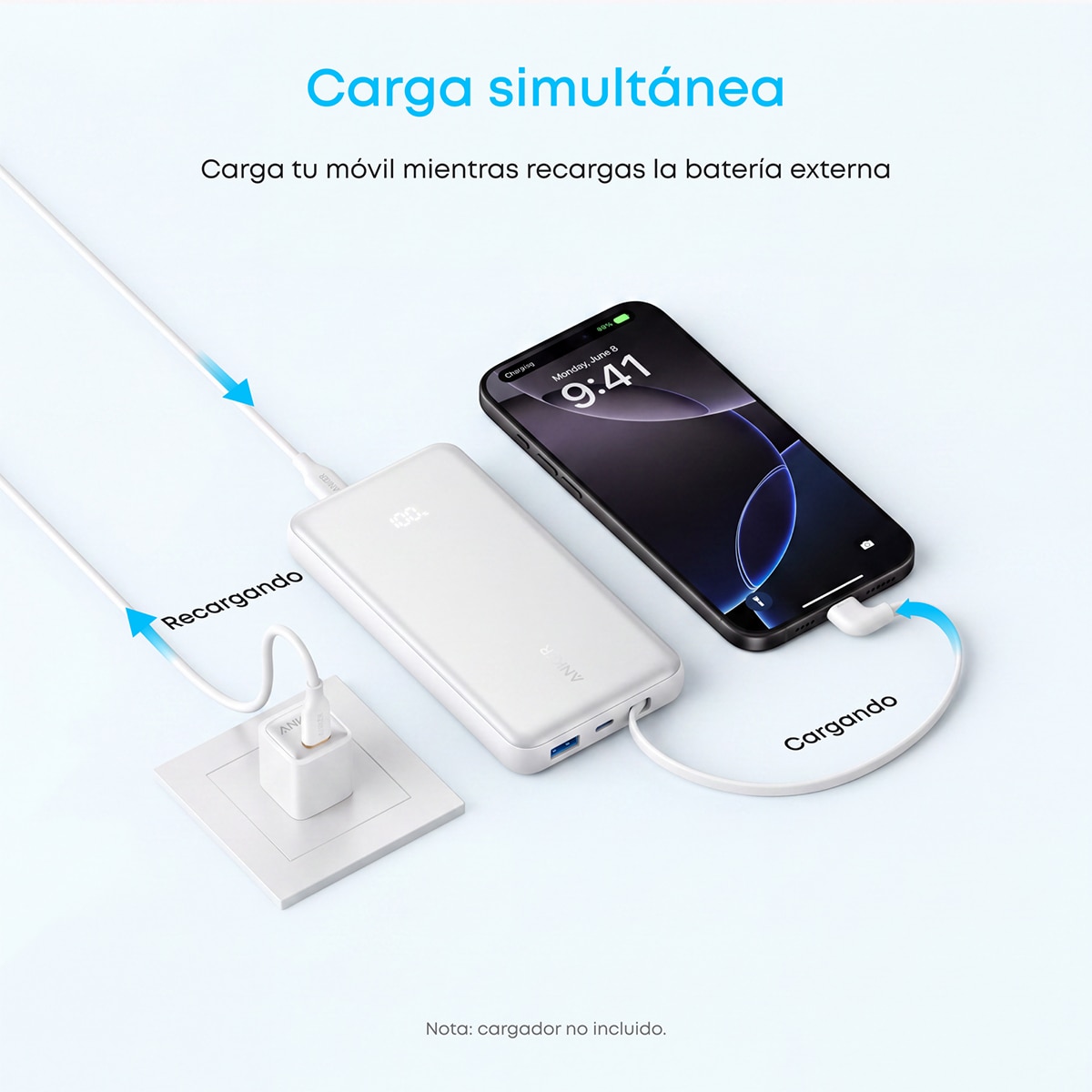 Imagen 8 de Power Bank Anker Zolo, 20000 mAh, 225W, 1 USB-C, 1 Cable retráctil USB-C, 1 USB-A - Blanco Blanco