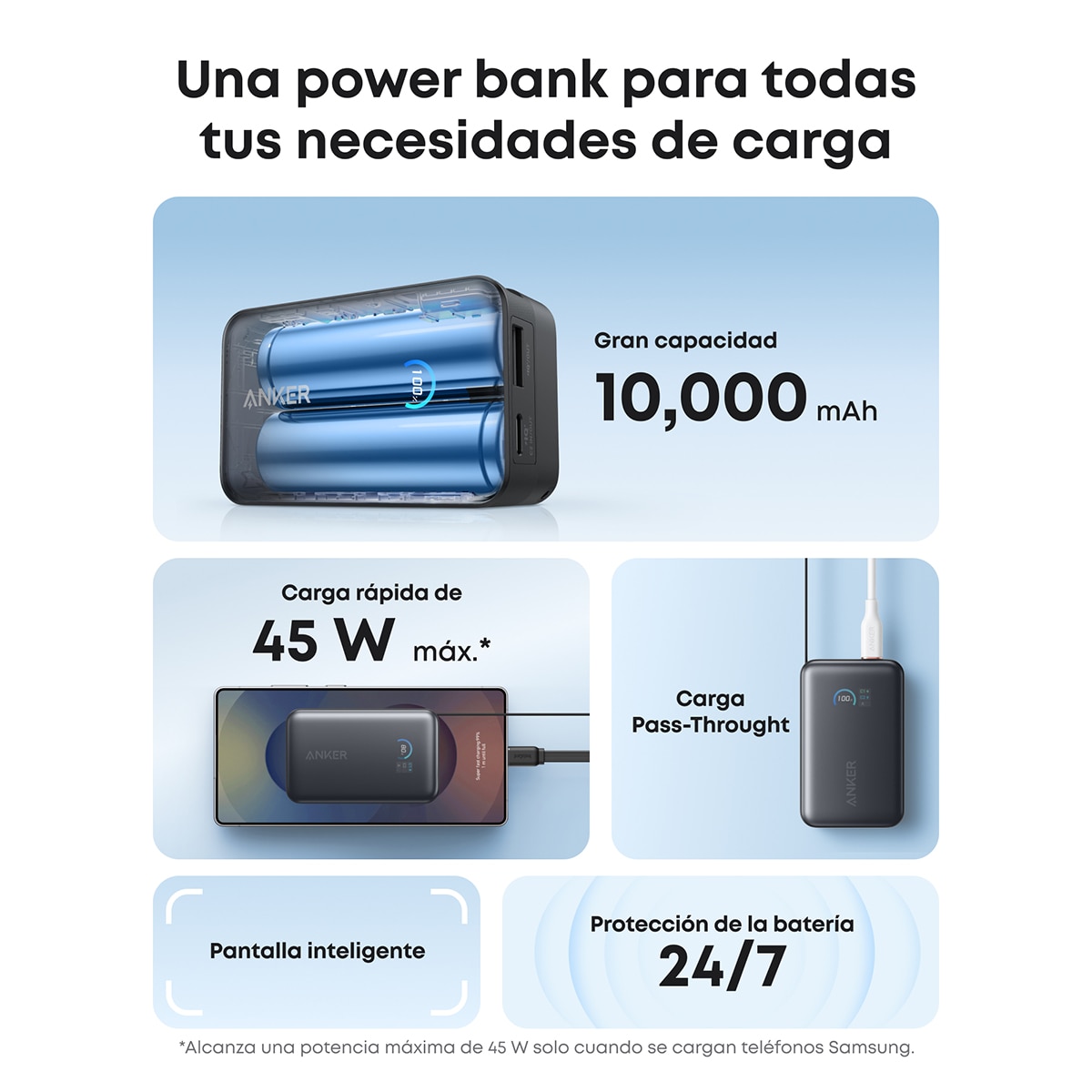 Power Bank Anker Nano, 10000 mAh, 45W, 1 USB-C, Cable retráctil USB-C, 1 USB-A - Negro Negro-6
