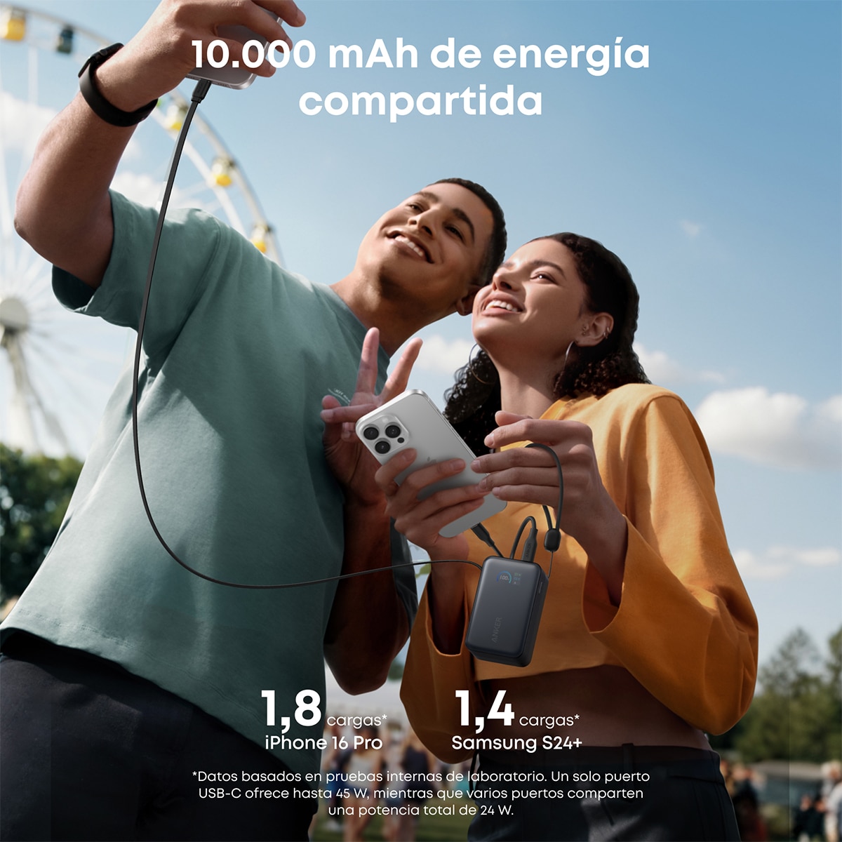 Power Bank Anker Nano, 10000 mAh, 45W, 1 USB-C, Cable retráctil USB-C, 1 USB-A - Negro Negro-8
