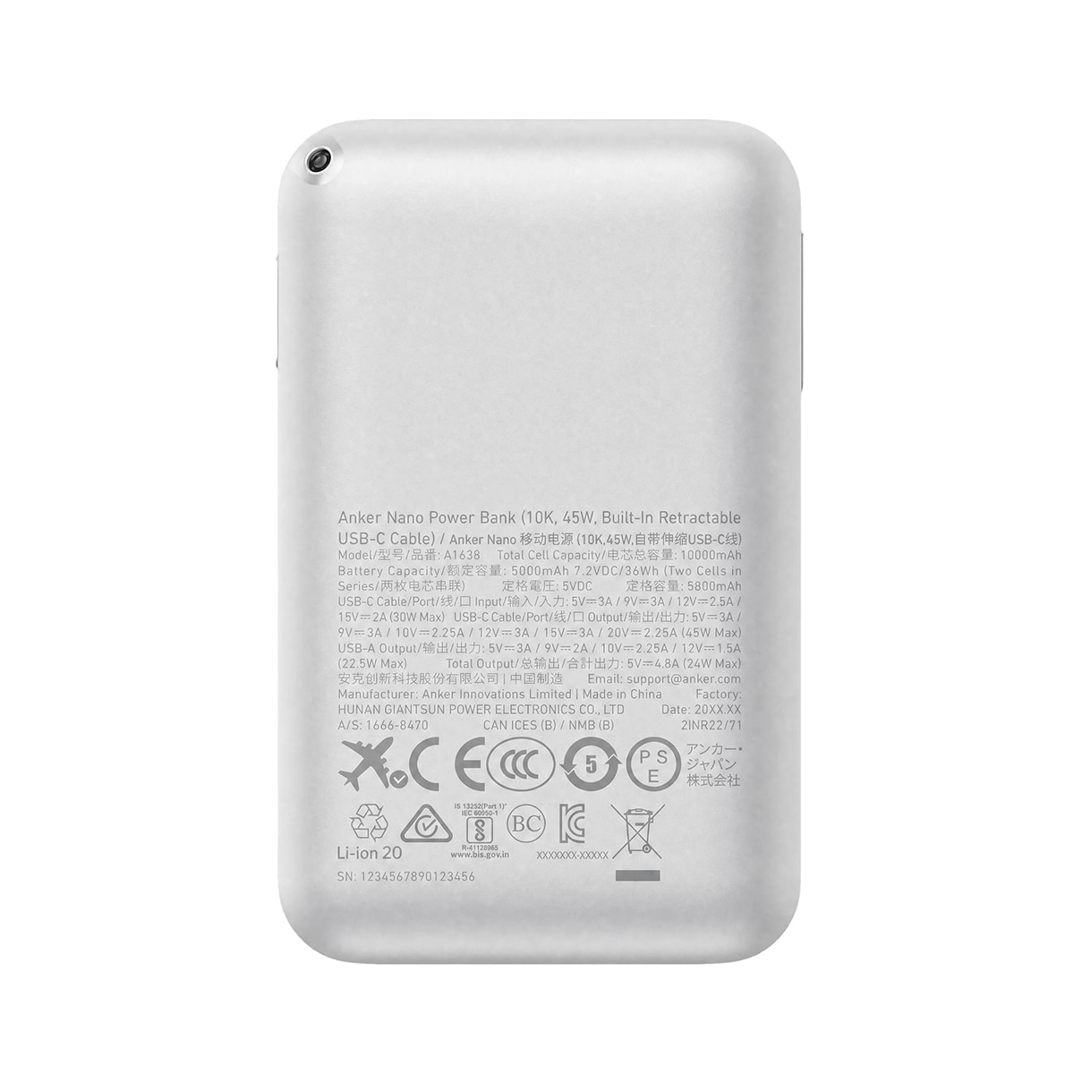 Power Bank Anker Nano, 10000 mAh, 45W, 1 USB-C, 1 Cable retráctil USB-C, 1 USB-A - Blanco Blanco-4