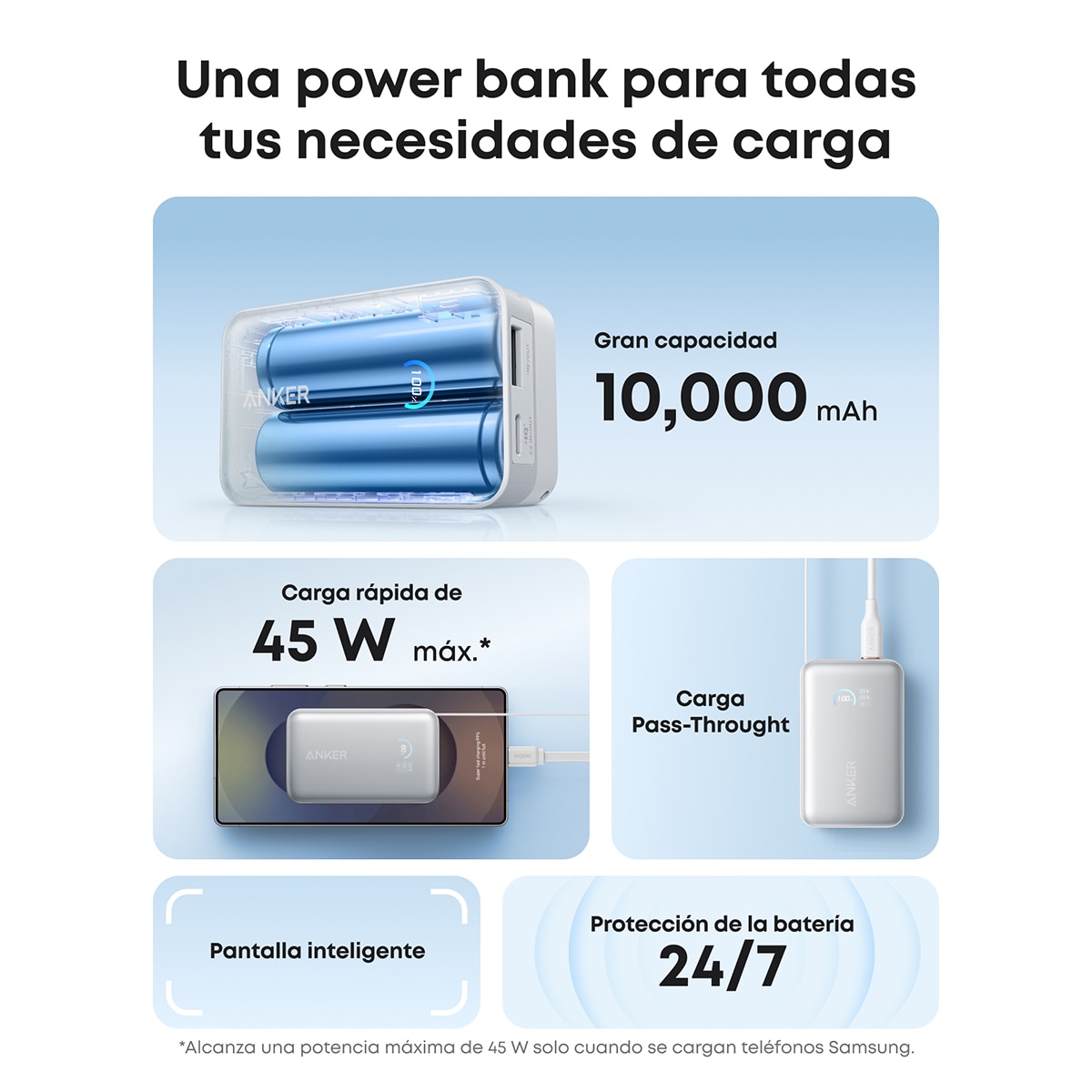 Power Bank Anker Nano, 10000 mAh, 45W, 1 USB-C, 1 Cable retráctil USB-C, 1 USB-A - Blanco Blanco-6
