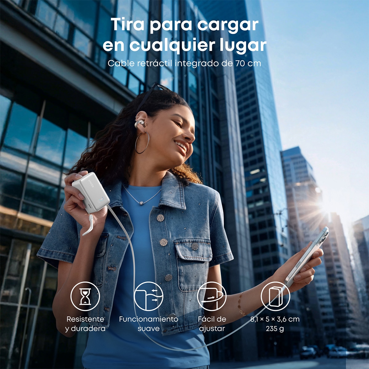 Power Bank Anker Nano, 10000 mAh, 45W, 1 USB-C, 1 Cable retráctil USB-C, 1 USB-A - Blanco Blanco-8