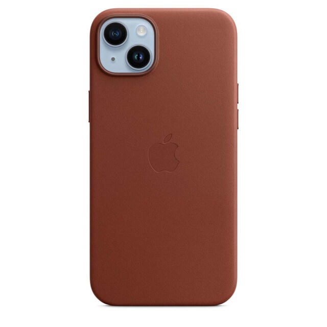 Funda de piel color ocre oscuro con MagSafe para el iPhone 14 Plus