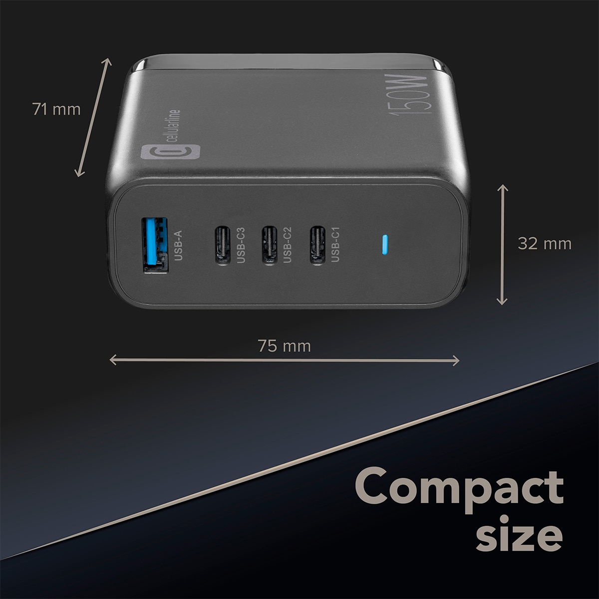 Cargador de red Cellular Line GaN 150W con 4 puertos Negro-4