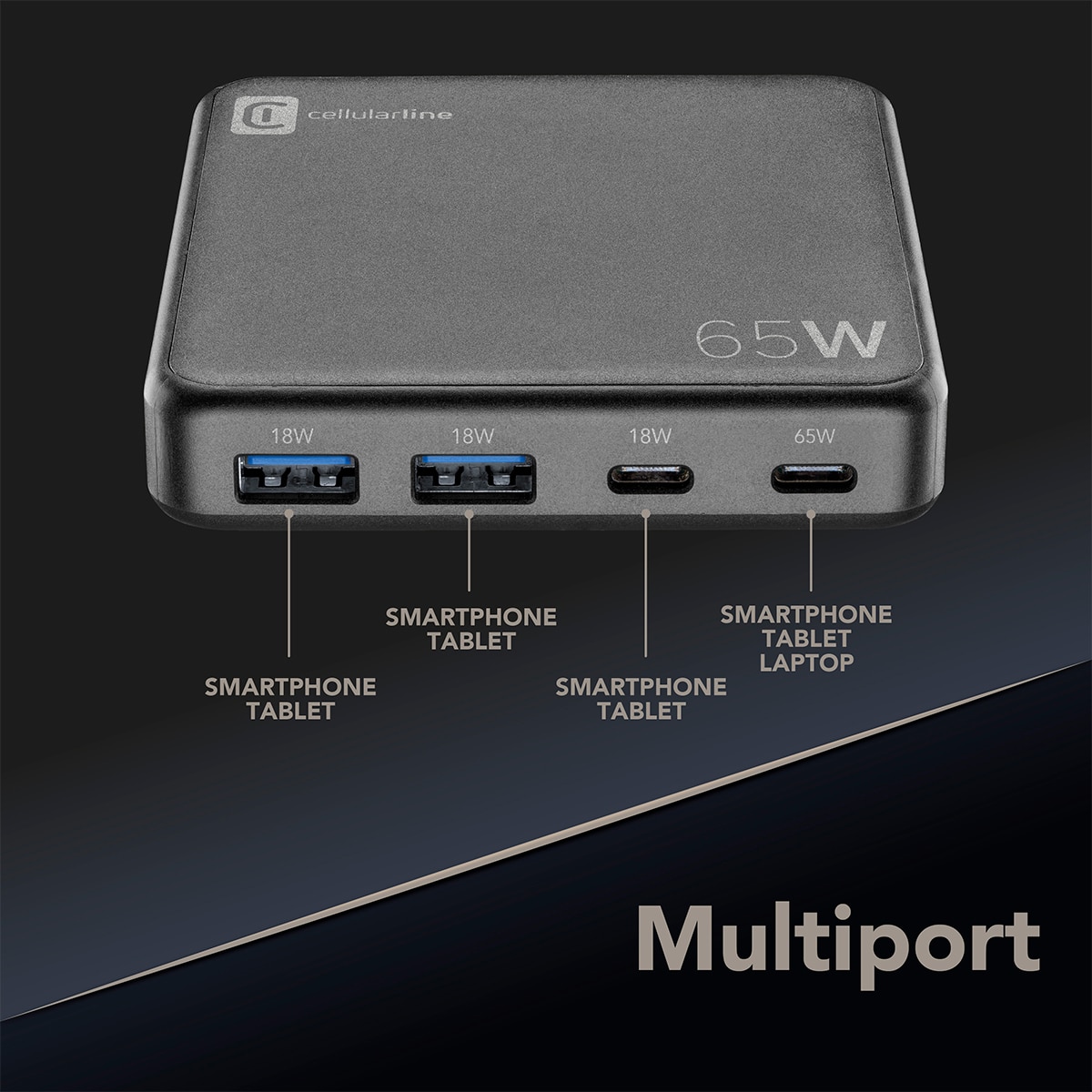 Cargador de red Cellular Line GaN 65W con 4 puertos Negro-5
