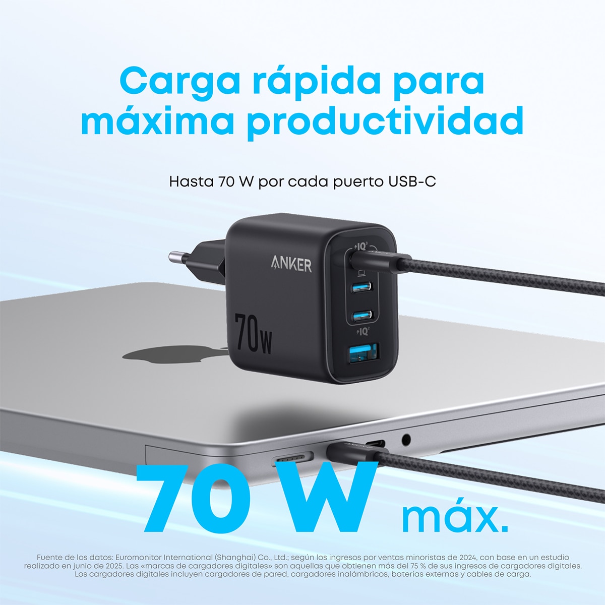 Imagen 5 de Cargador de Pared Anker Zolo, Carga Rápida Qi 70W, 3 USB-C, 1 USB-A PD 3.0 - Negro Negro