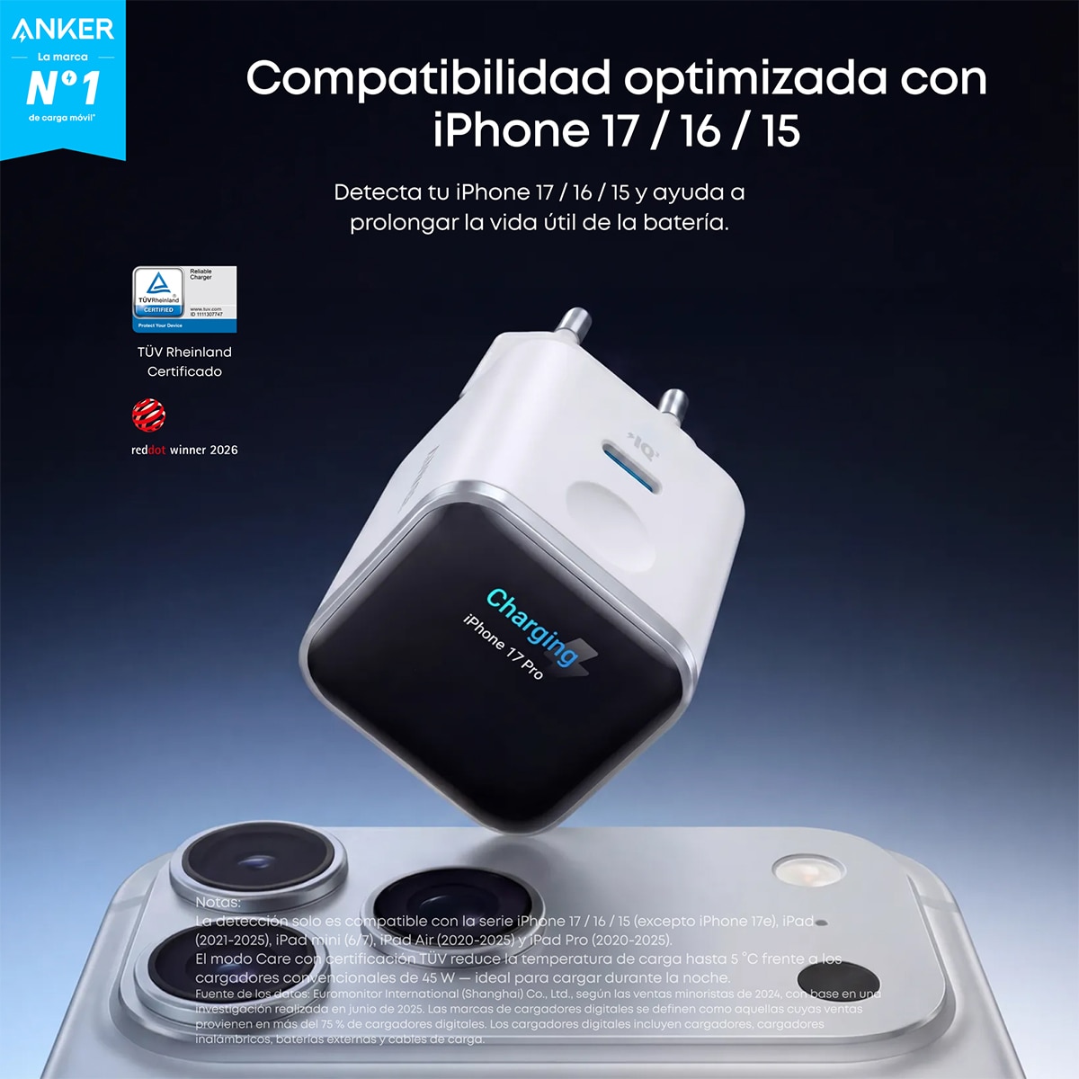 Imagen 2 de Cargador de Pared Anker Nano para iPhone, Qi 45W, Pantalla inteligente, 2 USB-C - Blanco Blanco