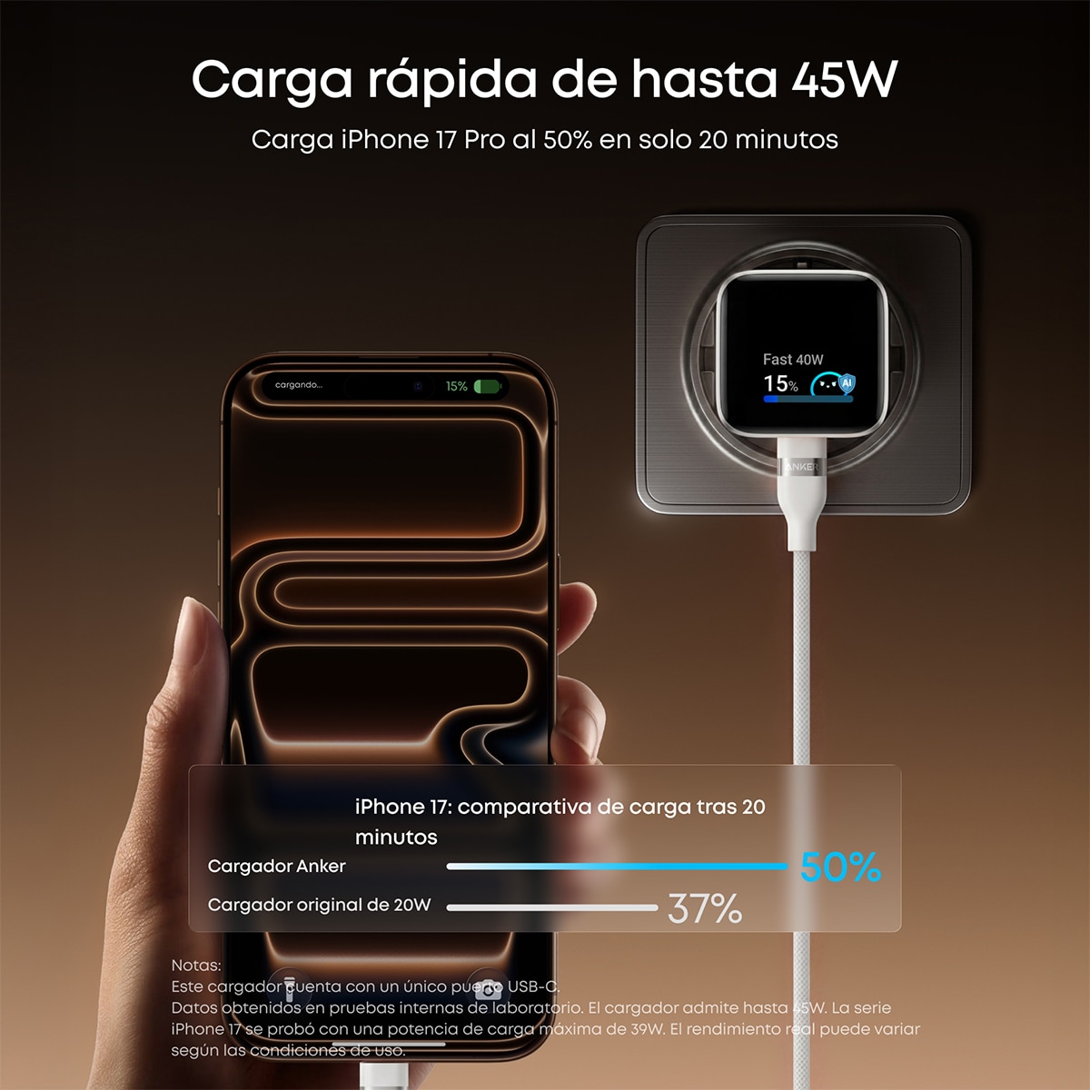 Imagen 3 de Cargador de Pared Anker Nano para iPhone, Qi 45W, Pantalla inteligente, 2 USB-C - Blanco Blanco