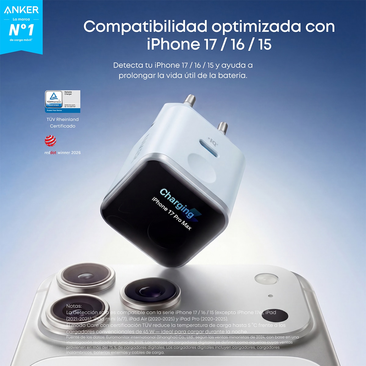 Imagen 2 de Cargador de Pared Anker Nano para iPhone, Qi 45W, Pantalla inteligente, 3 USB-C - Azul Azul