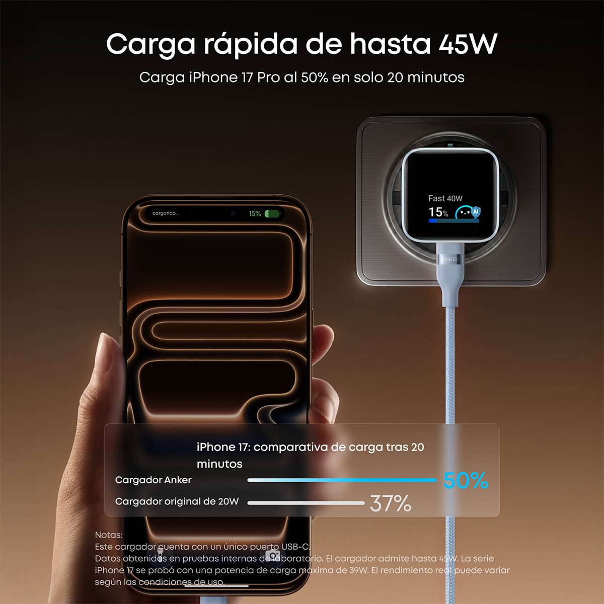 Imagen 3 de Cargador de Pared Anker Nano para iPhone, Qi 45W, Pantalla inteligente, 3 USB-C - Azul Azul