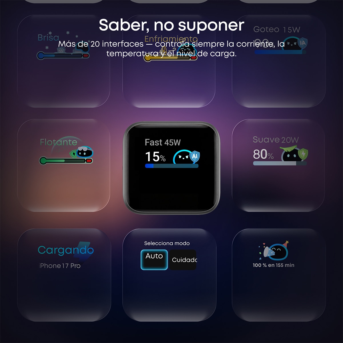 Imagen 6 de Cargador de Pared Anker Nano para iPhone, Qi 45W, Pantalla inteligente, 3 USB-C - Azul Azul