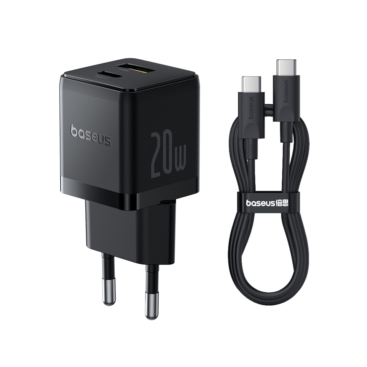 Cargador de pared rápido Baseus Palm USB-C + USB-A 20W (Incluye Cable USB-C a USB-C 1m) - Negro Negro-2