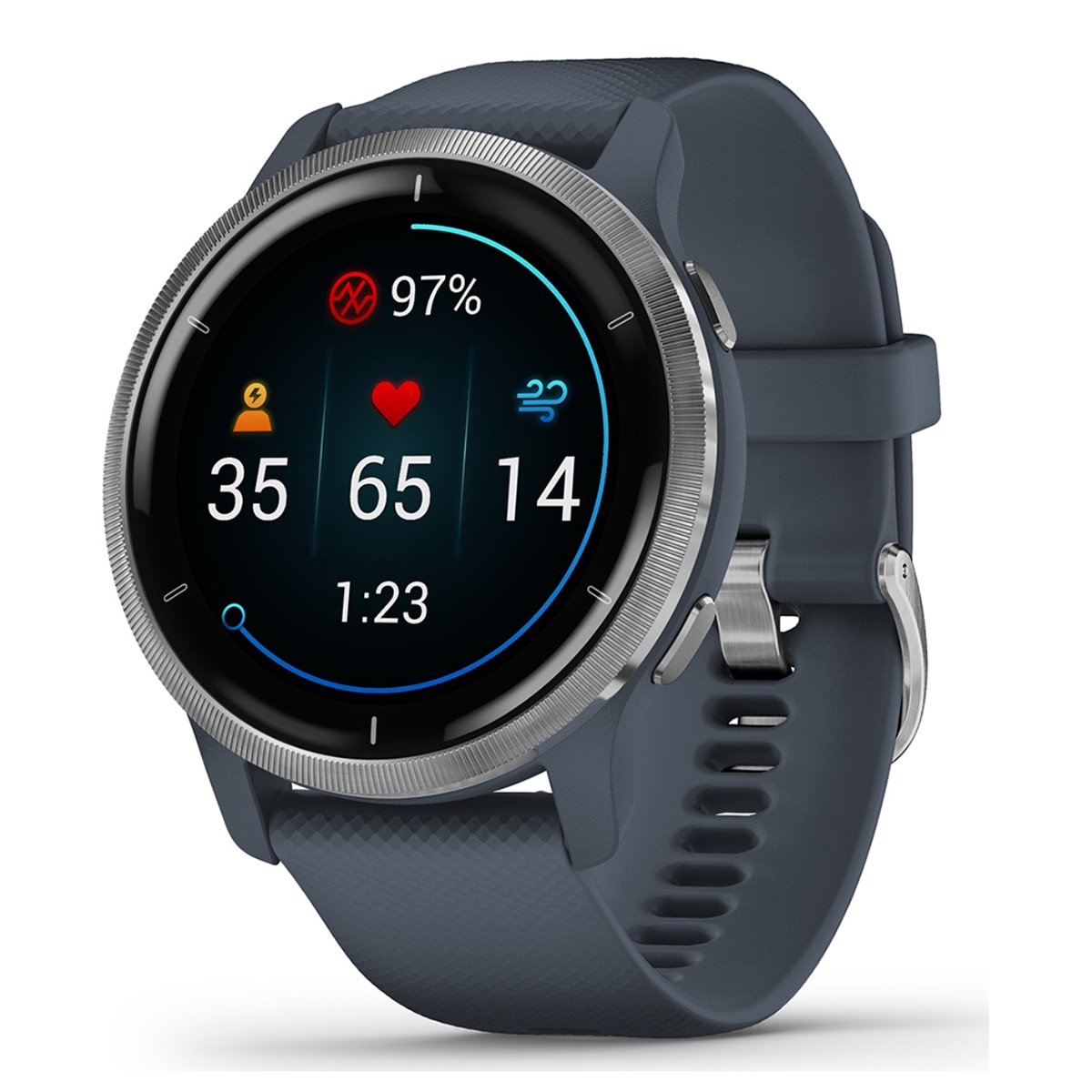 Reloj GPS Garmin Venu 2 con caja color plata y correa de silicona azul granito Smartwatch Azul-1