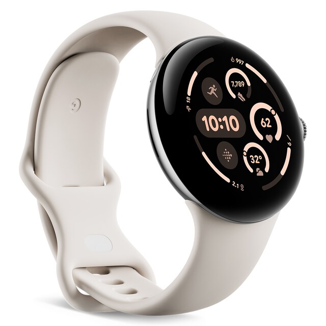 Google Pixel Watch 3 45mm, Caja de aluminio color plata pulida y correa deportiva color porcelana, Wi-Fi Smartwatch