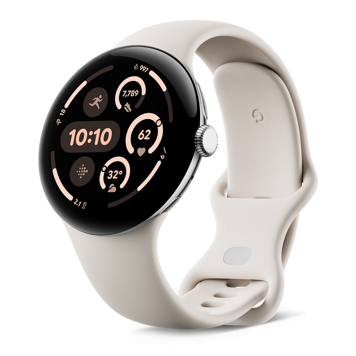 Google Pixel Watch 3 45mm, Caja de aluminio color plata pulida y correa deportiva color porcelana, Wi-Fi Smartwatch Plata / Blanco-3