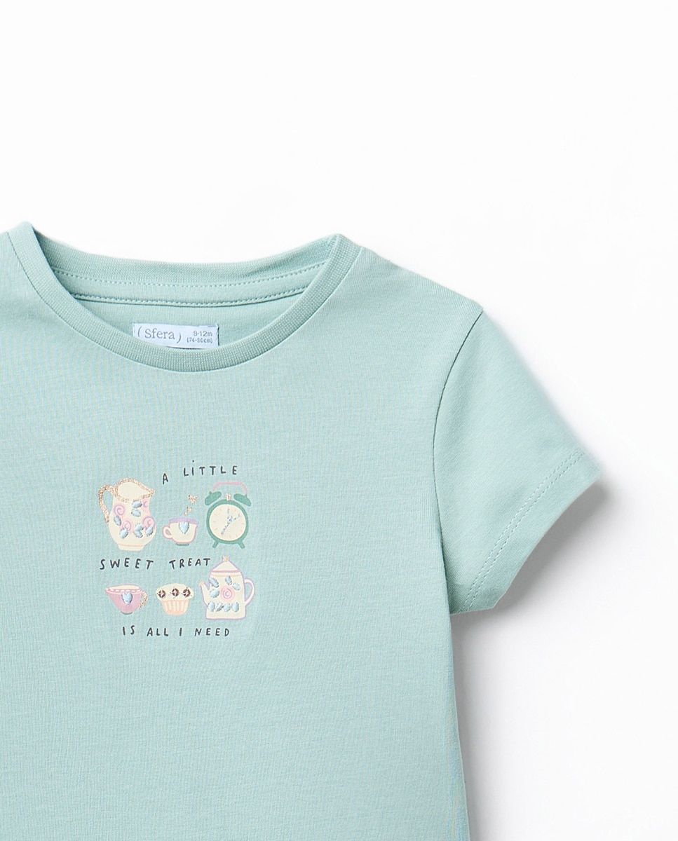 T-shirt com Estampado de Pequeno-Almoço Sfera 582 Verde Água-2