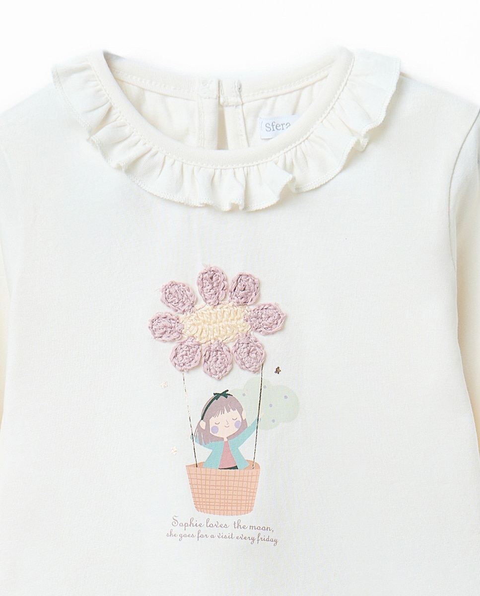 T-shirt com Balão e Crochet Floral Sfera 120 Cru-2