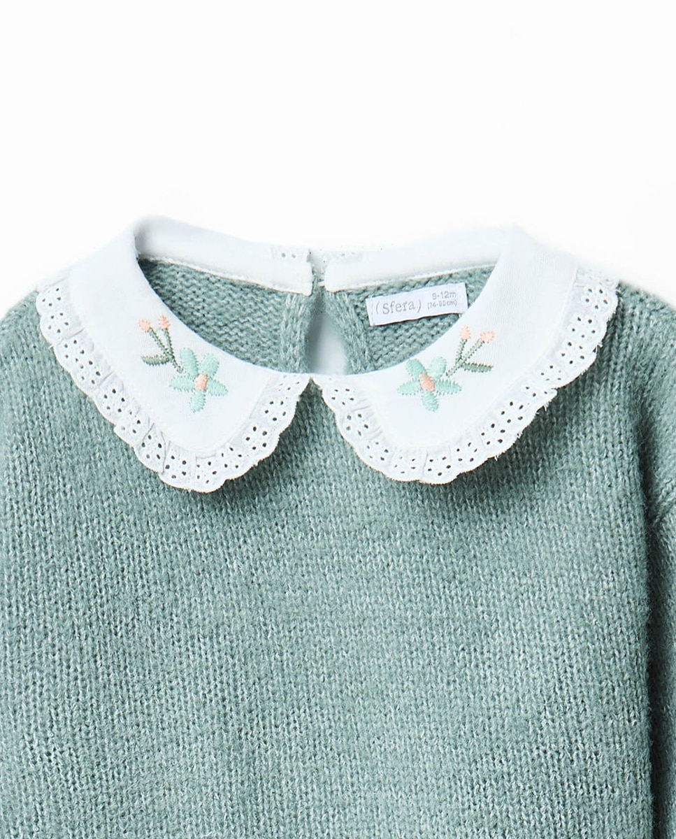 Camisola de Malha com Gola Bordada Sfera Verde-2