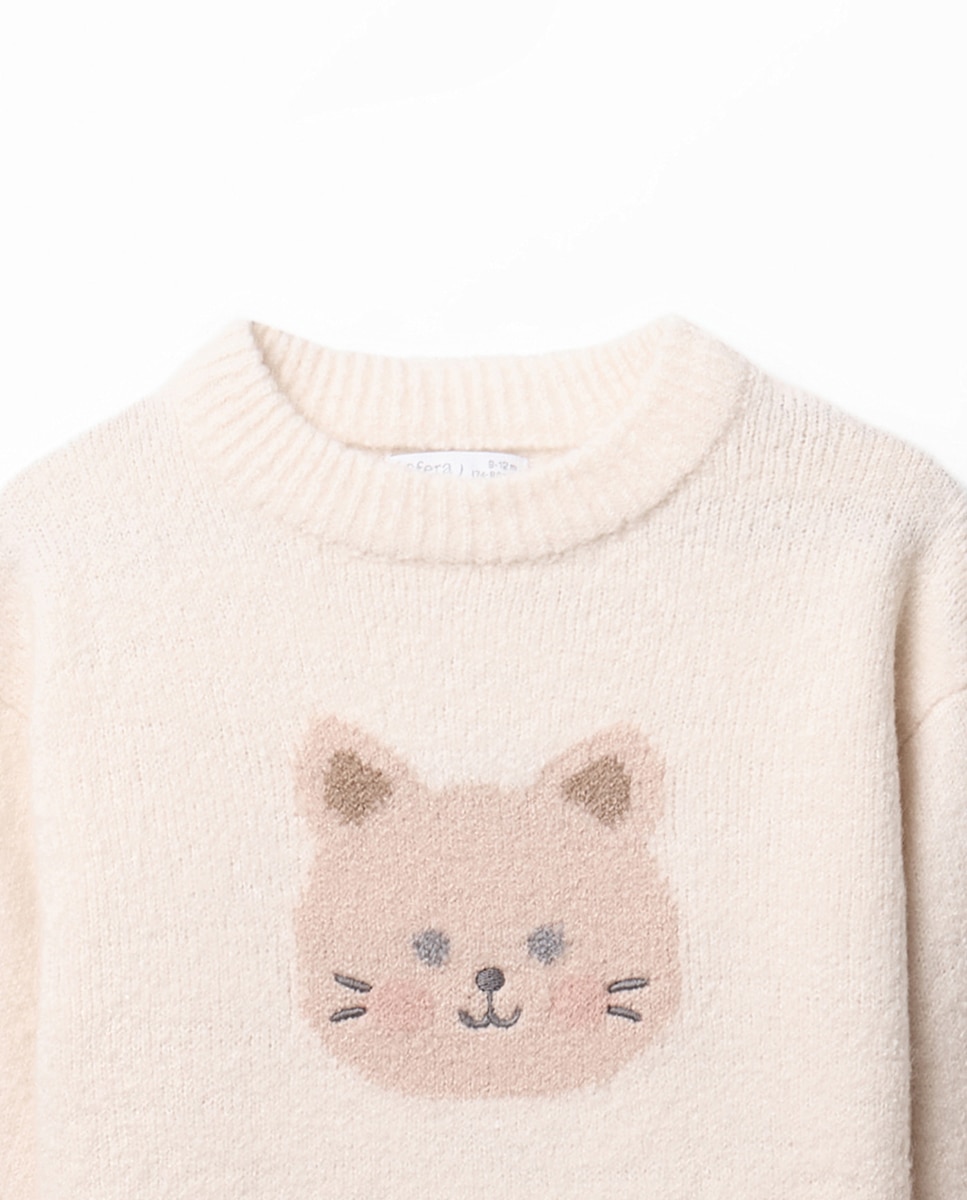Camisola de Malha Básica Bouclet com Intársia 120 Cru-2