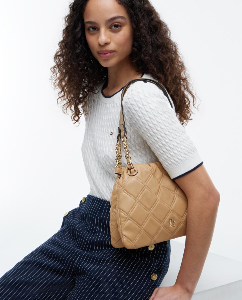 Mala Tipo Tote Mini com Efeito Acolchoado Bege-2