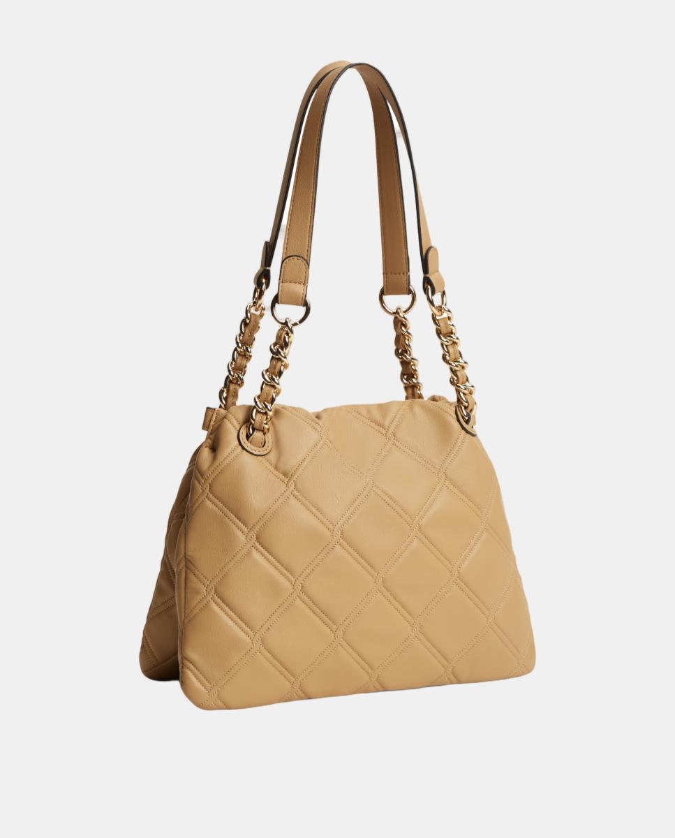 Mala Tipo Tote Mini com Efeito Acolchoado Bege-4