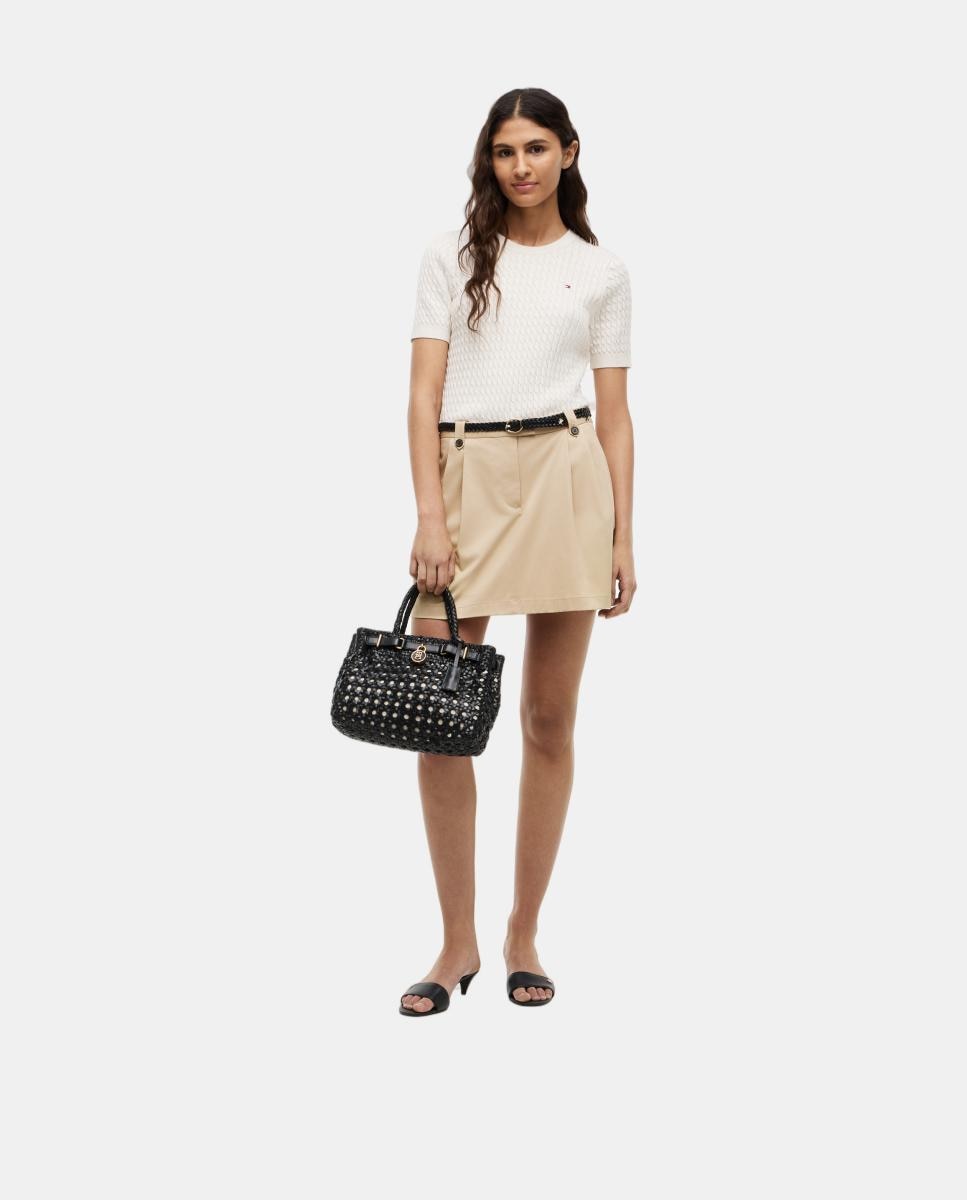 Mala Tipo Tote Mini em Pele Entrançada Preto-2