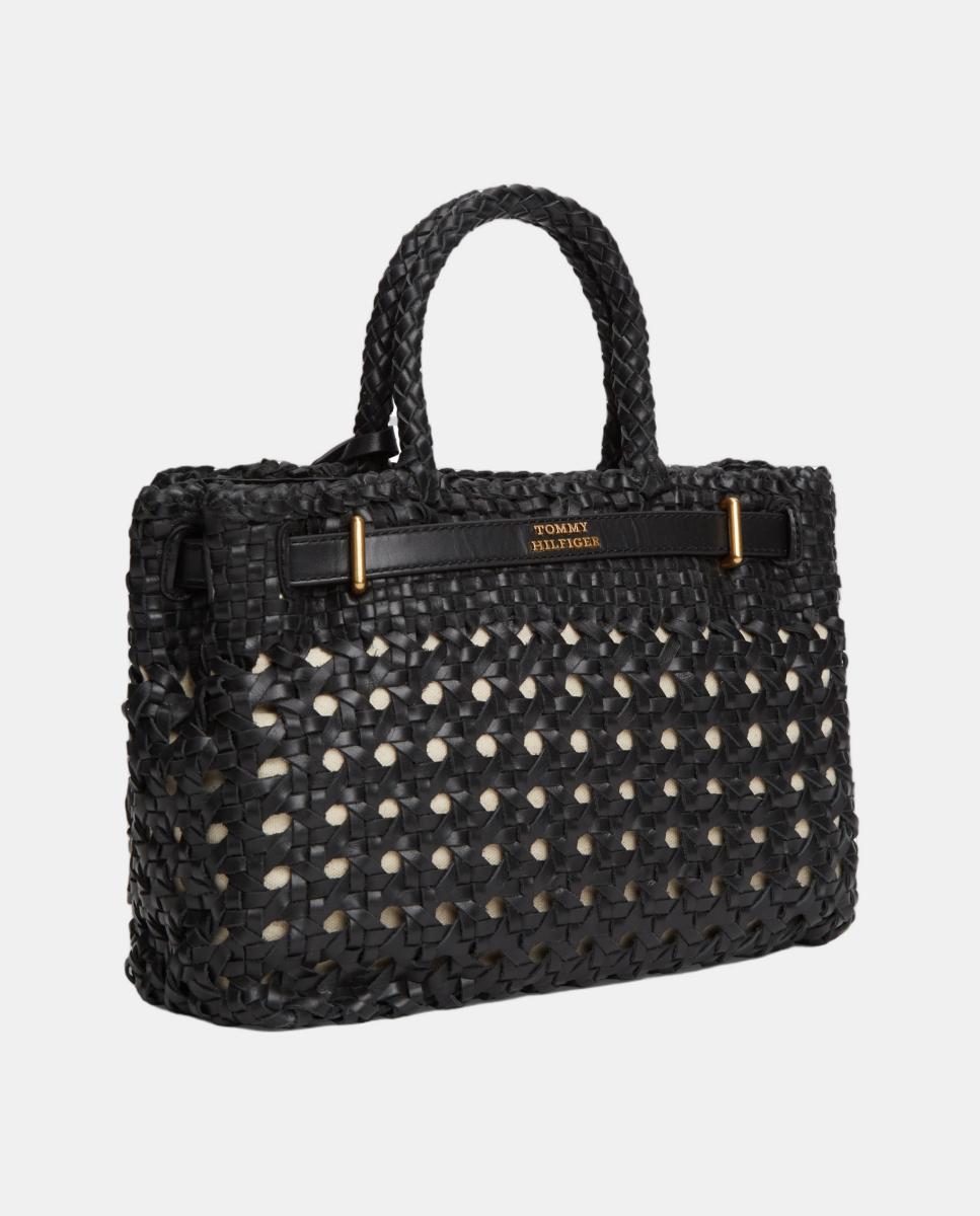 Mala Tipo Tote Mini em Pele Entrançada Preto-4