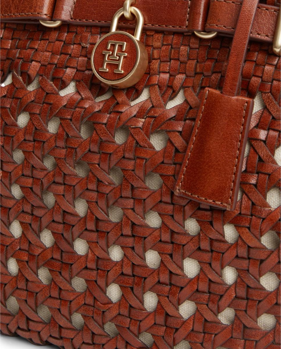 Mala Tipo Tote Mini em Pele Entrançada Castanho-3