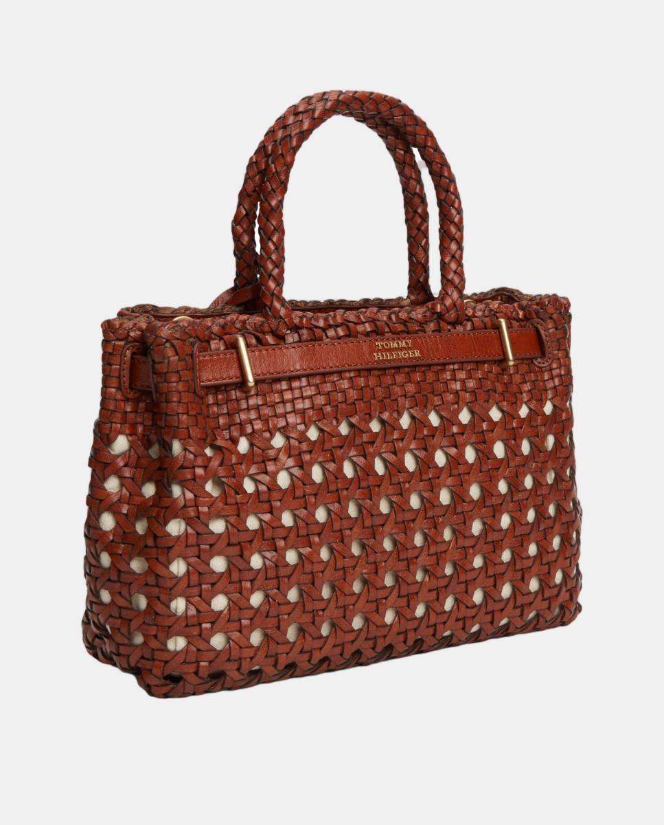 Mala Tipo Tote Mini em Pele Entrançada Castanho-4