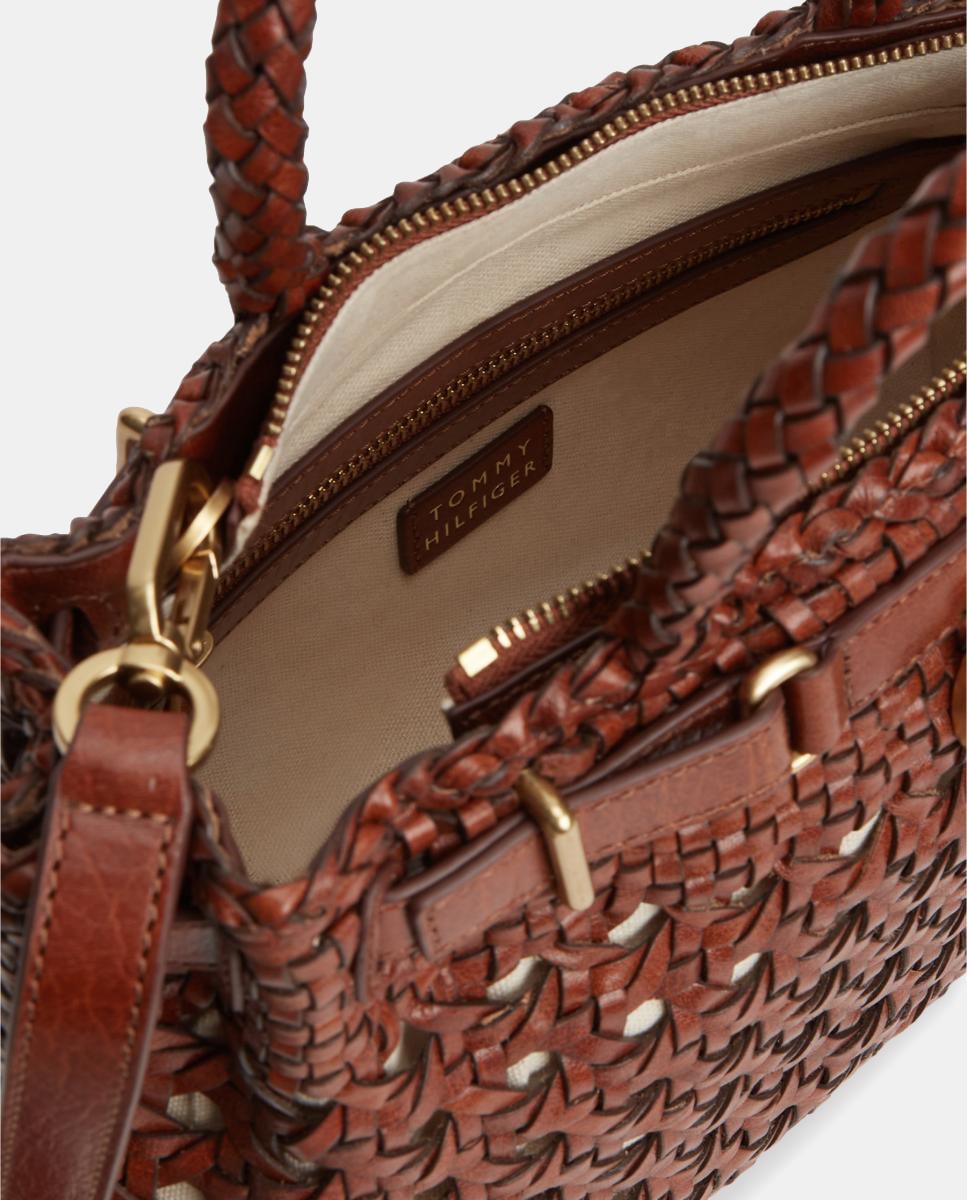 Mala Tipo Tote Mini em Pele Entrançada Castanho-5
