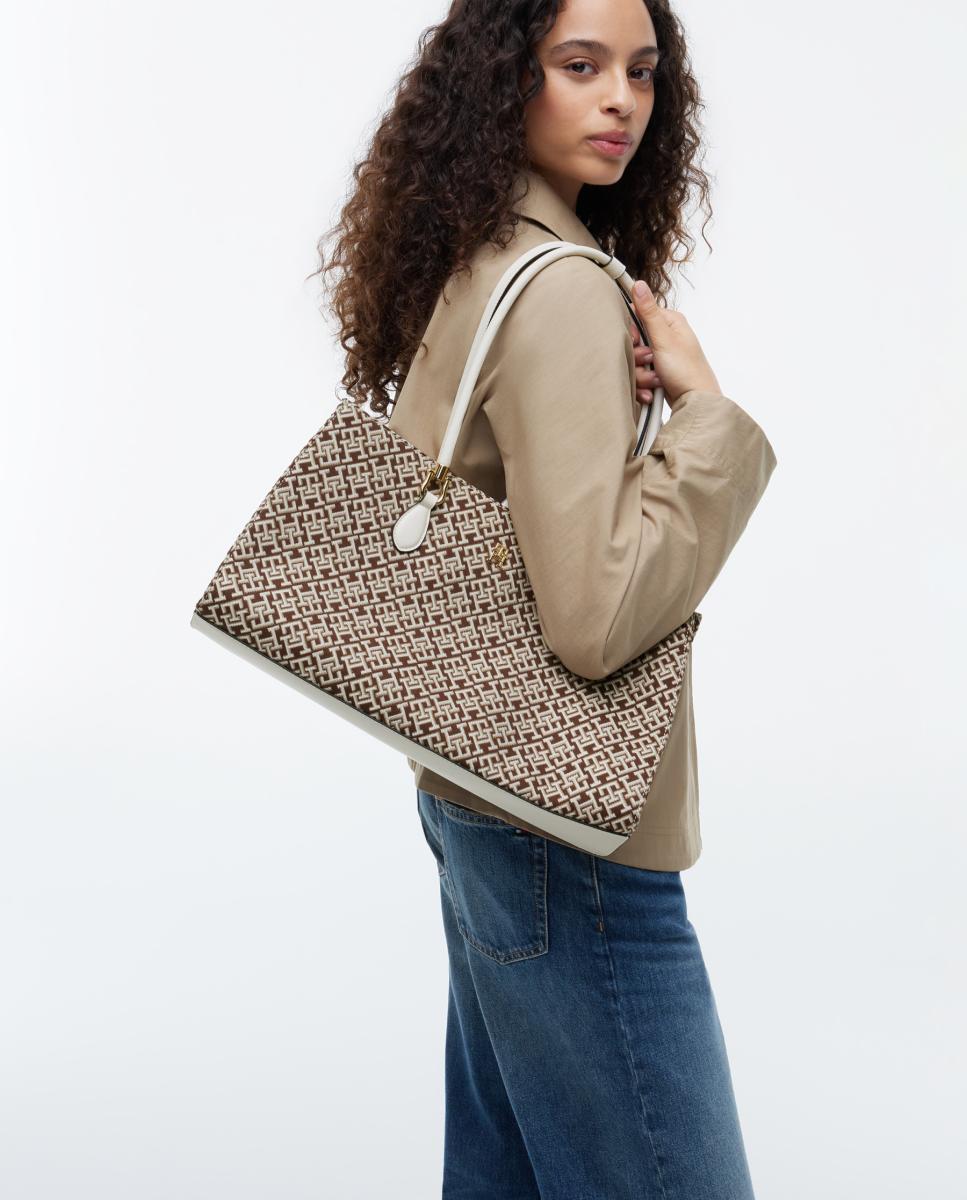 Mala Tipo Satchel com Estampado de Monograma Castanho-claro-2
