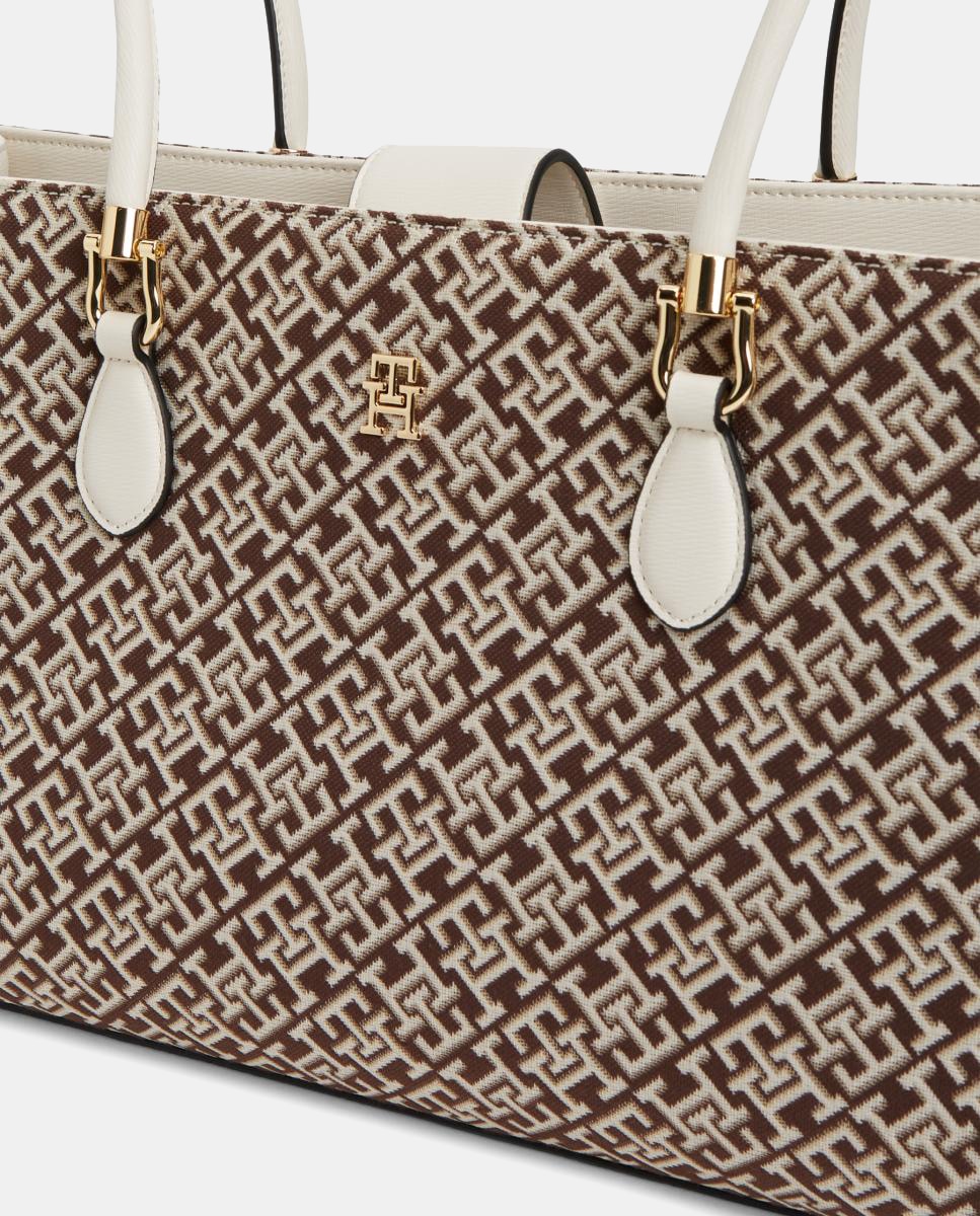 Mala Tipo Satchel com Estampado de Monograma Castanho-claro-3
