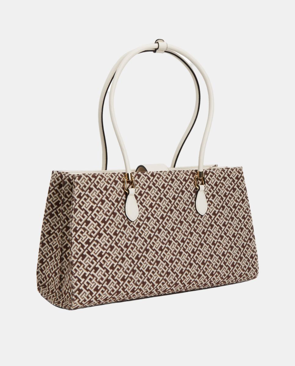 Mala Tipo Satchel com Estampado de Monograma Castanho-claro-4