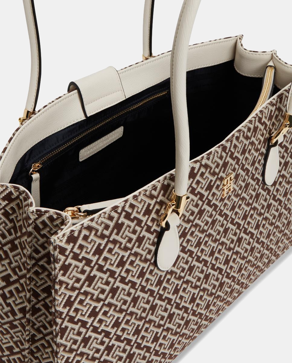 Mala Tipo Satchel com Estampado de Monograma Castanho-claro-5