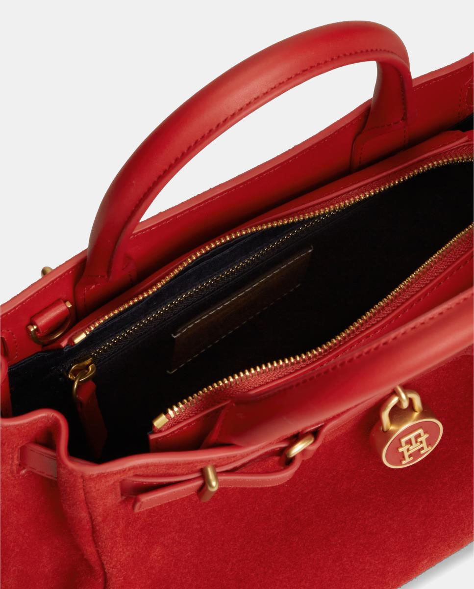 Mala Tipo Tote Mini em Pele e Camurça Vermelho-3