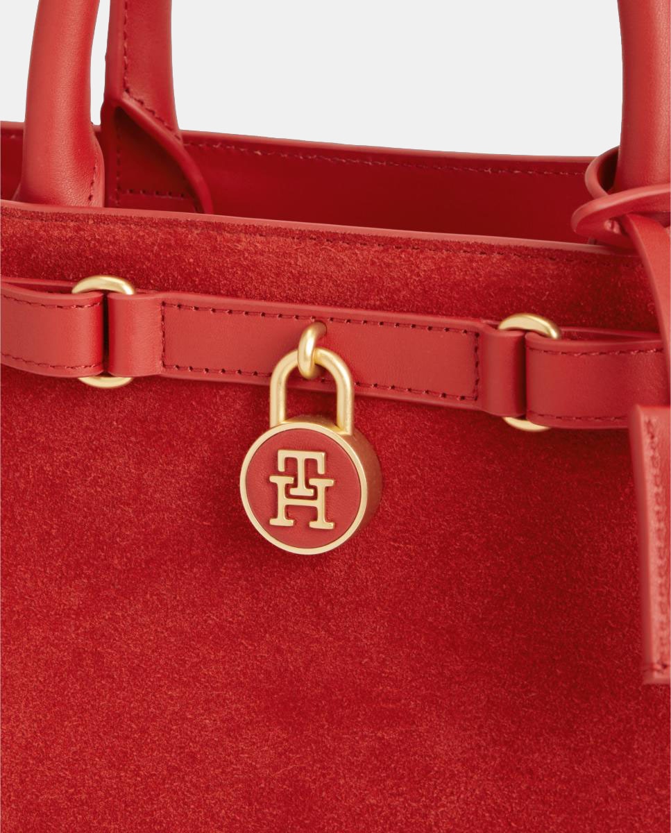 Mala Tipo Tote Mini em Pele e Camurça Vermelho-4