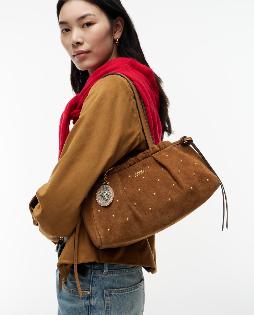 Mala Tipo Shoulder Bag em Camurça com Detalhes em Pele Castanho-2