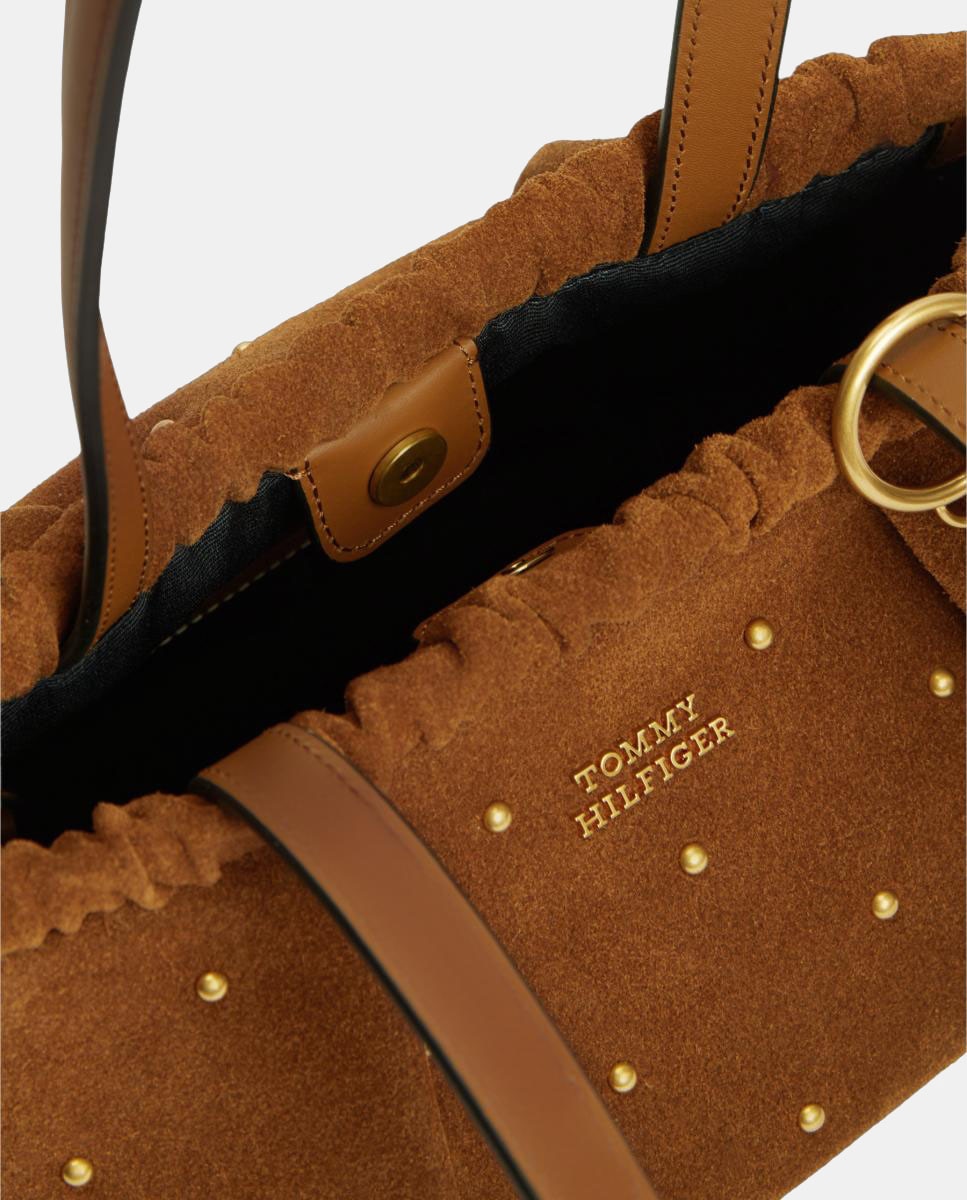 Mala Tipo Shoulder Bag em Camurça com Detalhes em Pele Castanho-3