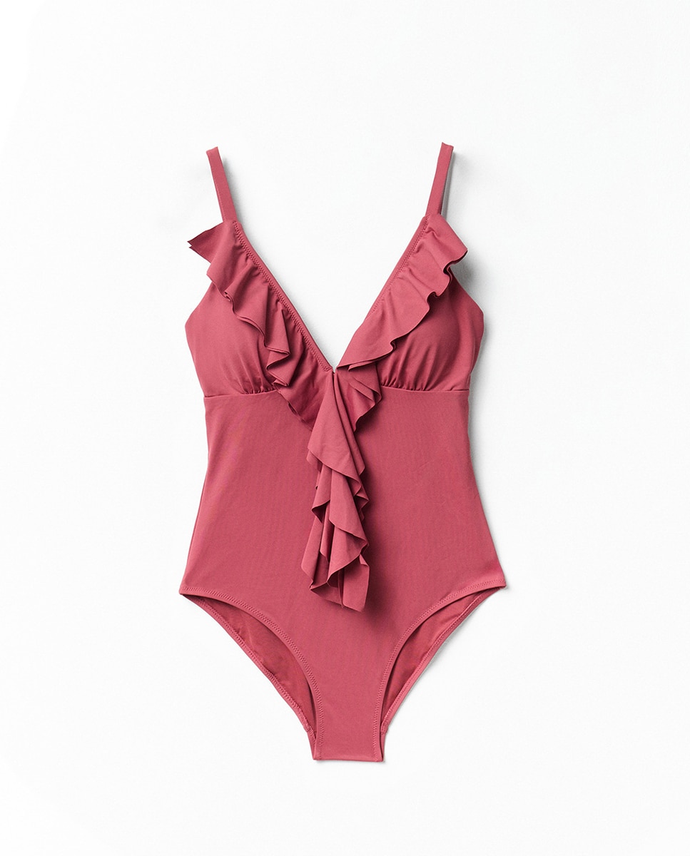 Fato de Banho com Folhos Rosa-escuro-3