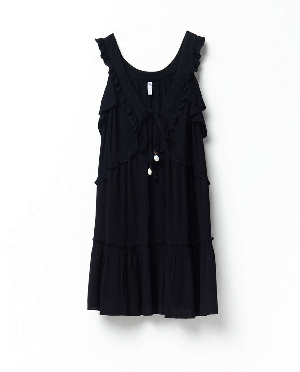 Vestido curto com folhos Preto-5