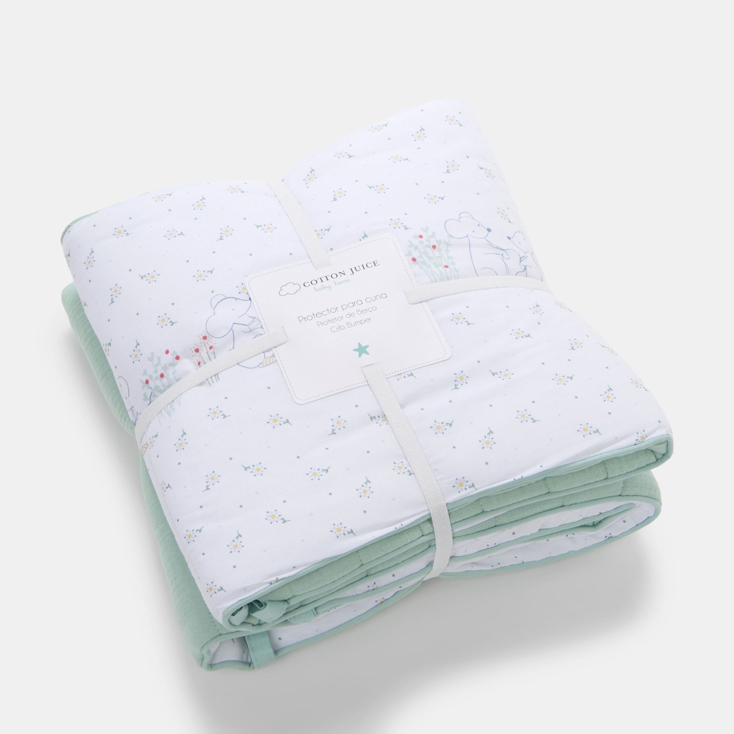 Resguardo de berço reversível Cotton Juice Baby Home coleção Sésamo 30*180 cm ratinhos jardineiros Verde Mint-4
