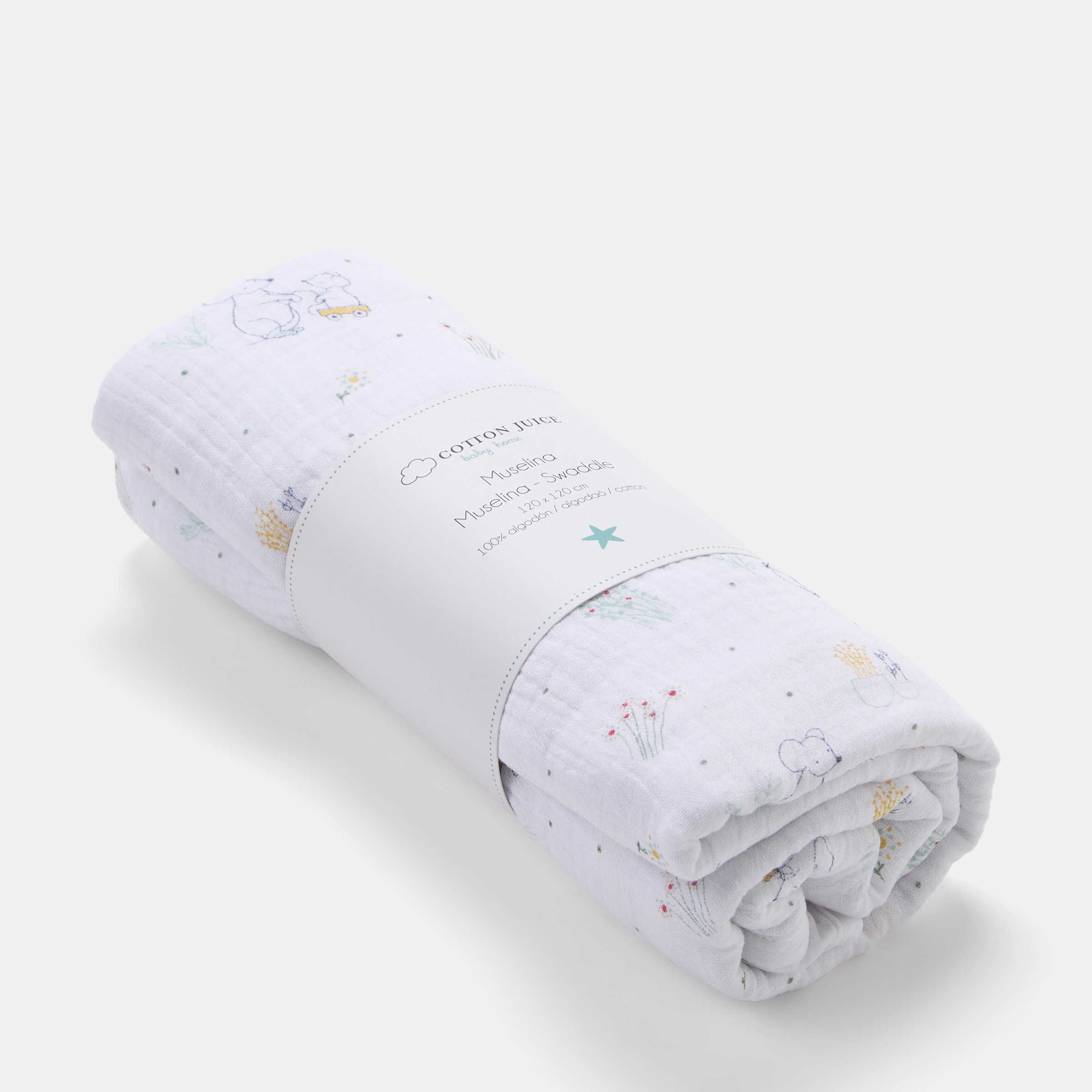 Manta de musselina Cotton Juice Baby Home, coleção Sésamo, estampado de ratinhos jardineiros Verde Mint-4