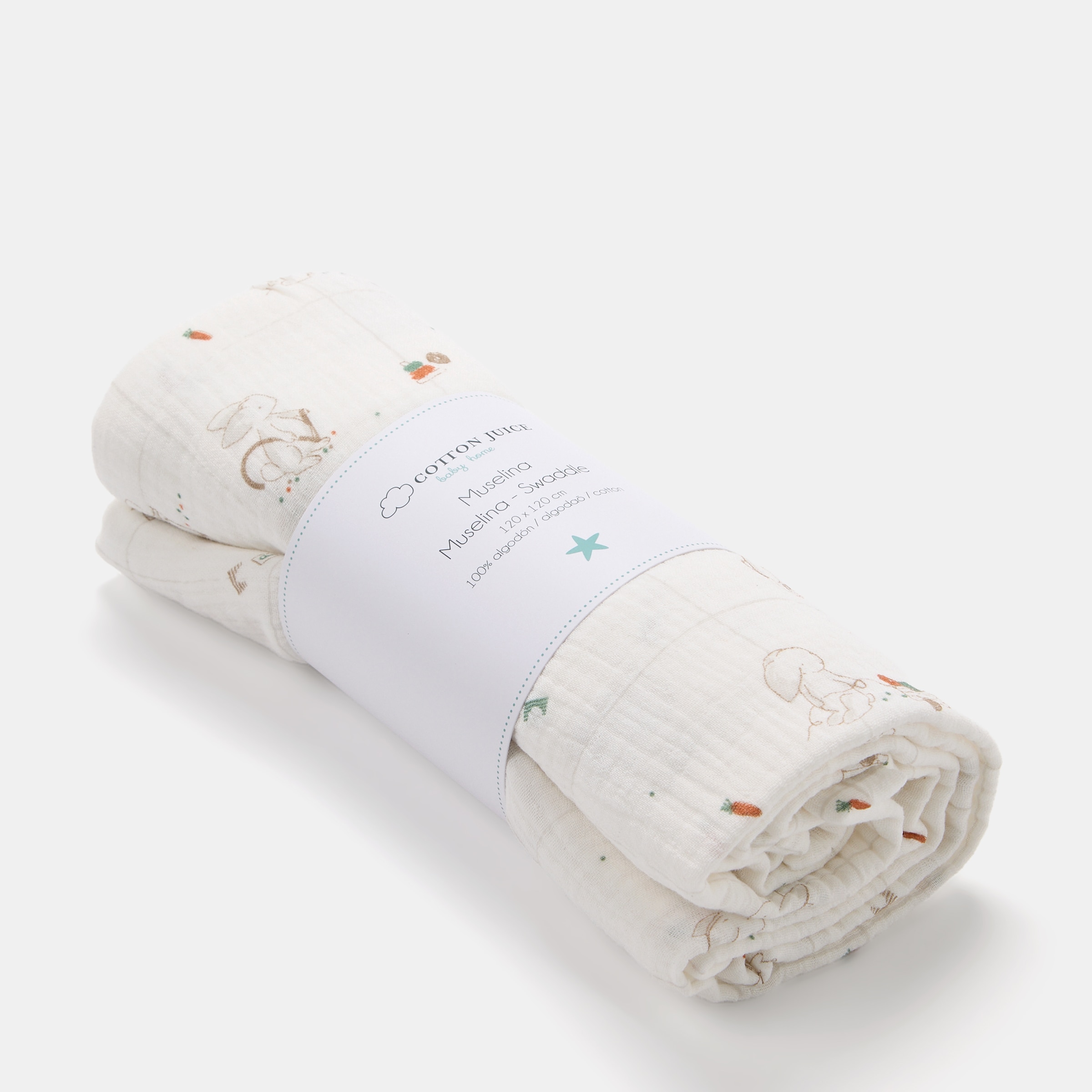 Manta de musselina Cotton Juice Baby Home, coleção Sésamo, estampado coelhinhos Natural-4
