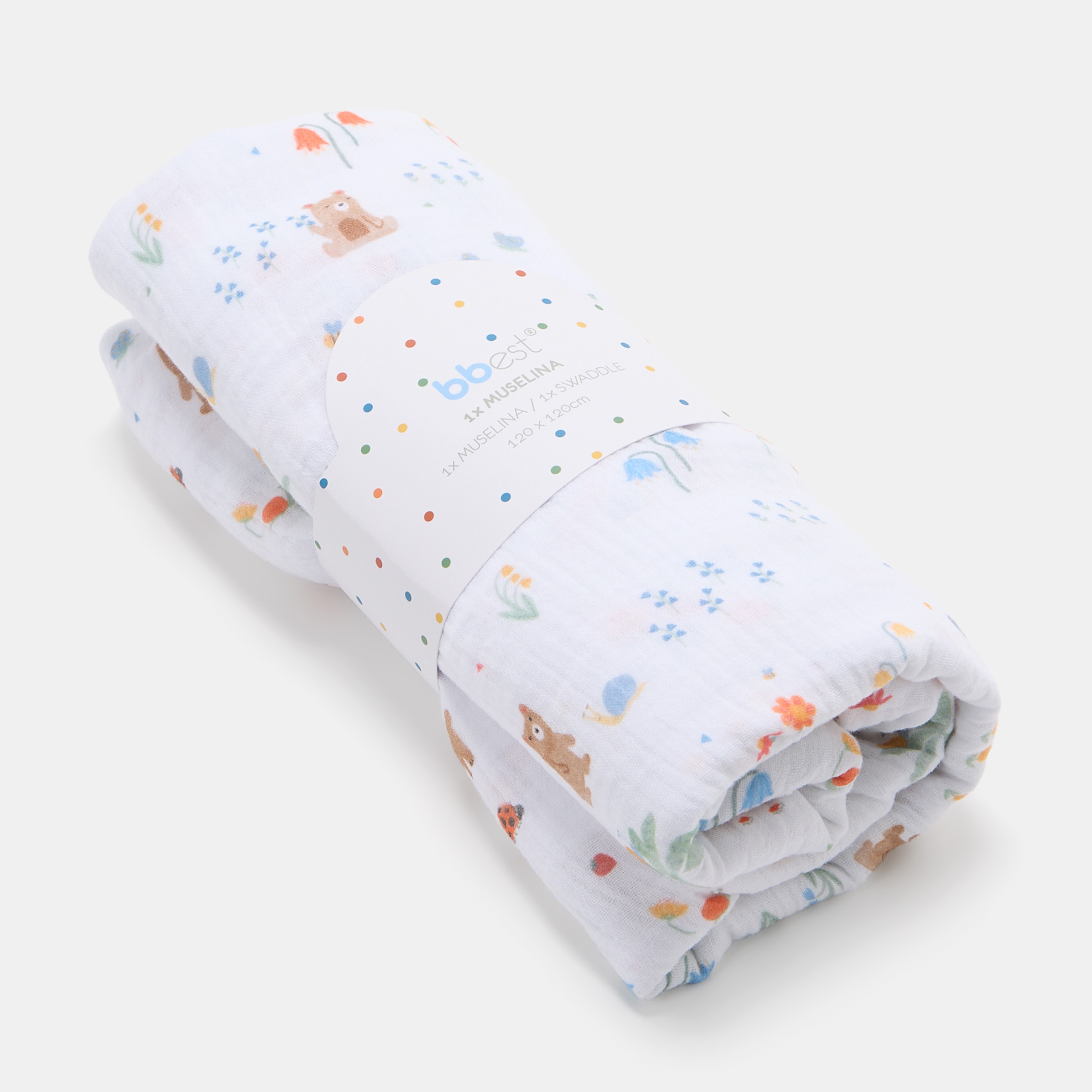 Musselina Bbest da coleção Little Bugs, 120 x 120 cm, com padrão de insetinhos e flores Multicolor-4