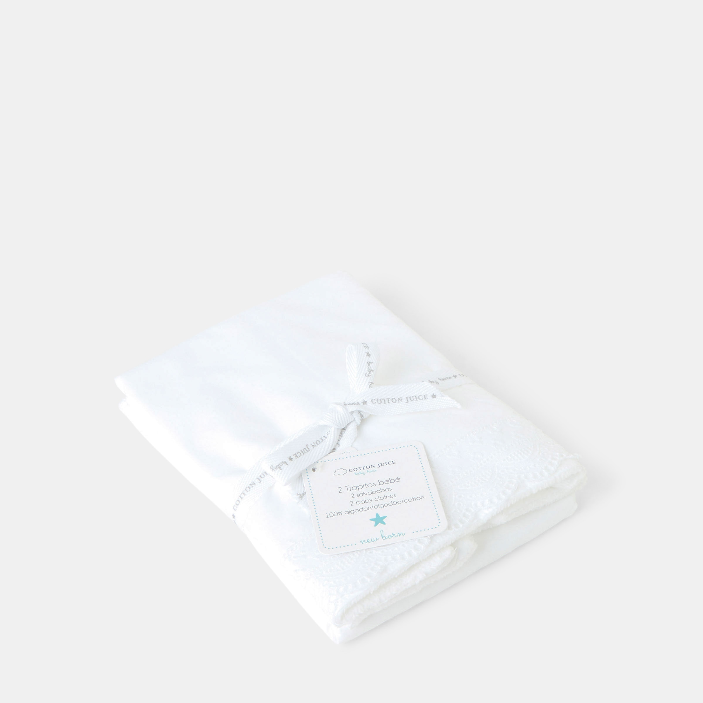 Toalhetes para a Baba Newborn Pack 2 com Tira Bordada Branco-3