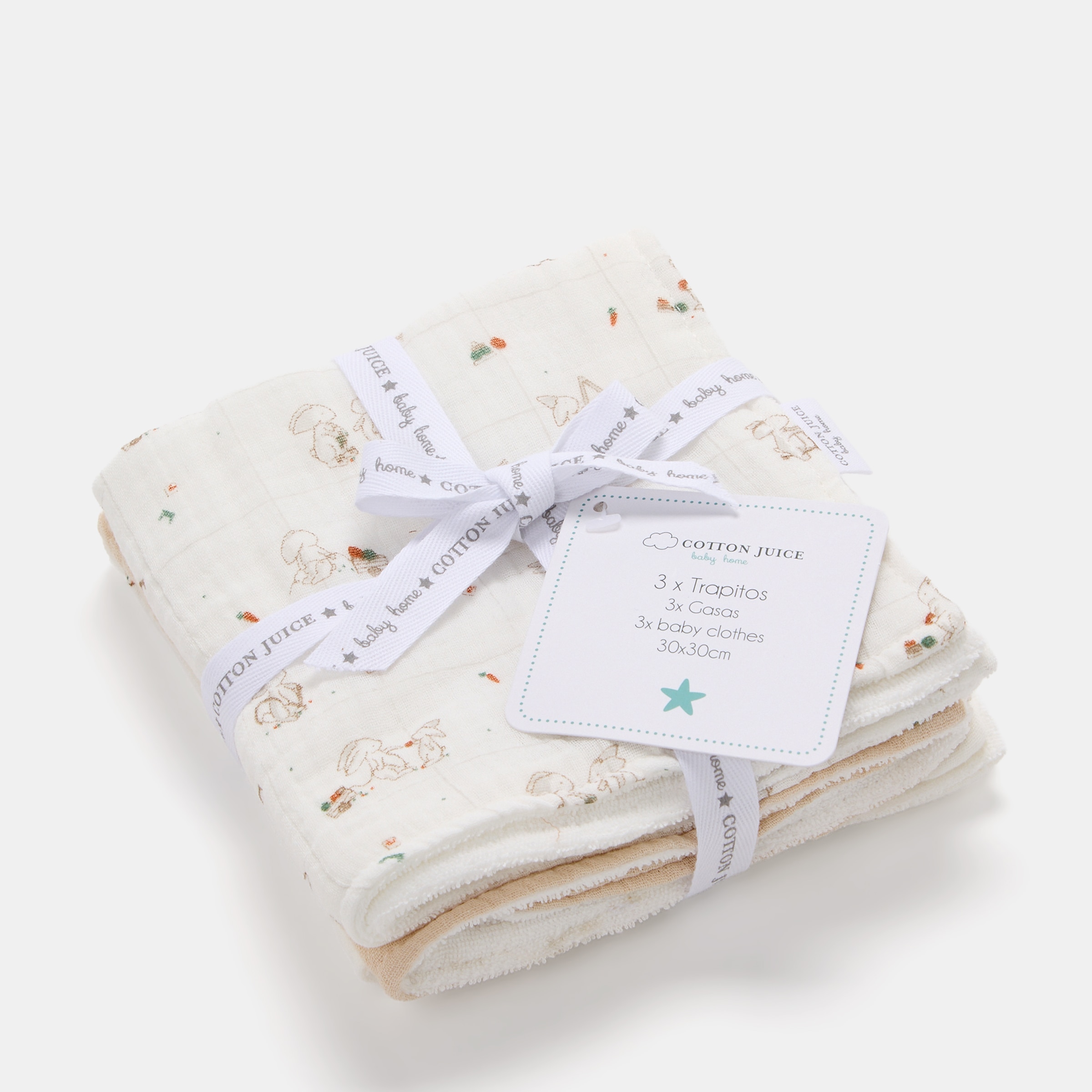 Toalhitas para mãos Cotton Juice Baby Home pack 3 un coleção Sésamo 30x30 coelhinhos Natural-5