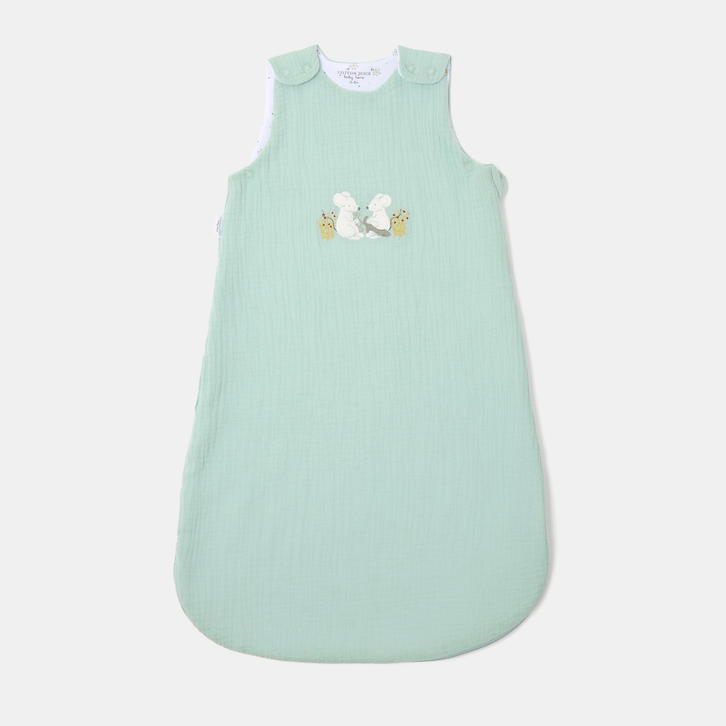 Imagem 0 de Saco de dormir Cotton Juice Baby Home coleção Sésamo com bordado de ratinhos jardineiros em musselina, TOG 1.0 (disponível em vários tamanhos)