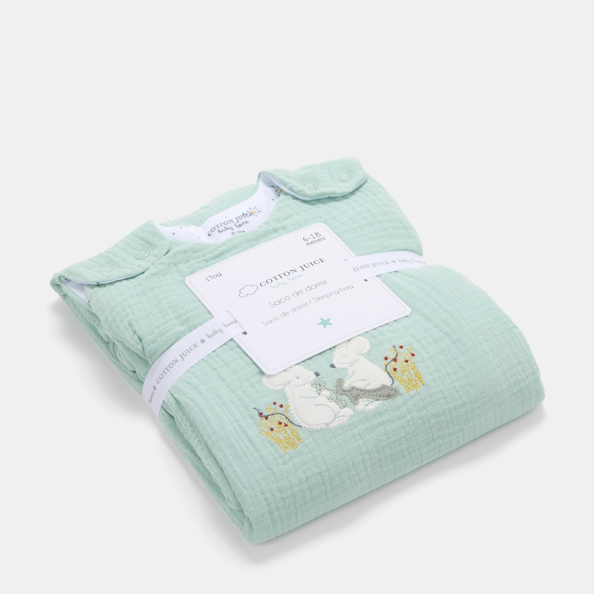 Saco de dormir Cotton Juice Baby Home colección Sésamo, muselina bordada Ratoncito jardinero Tog 1.0 (disponible en varias tallas) - Verde Mint Verde Mint-5
