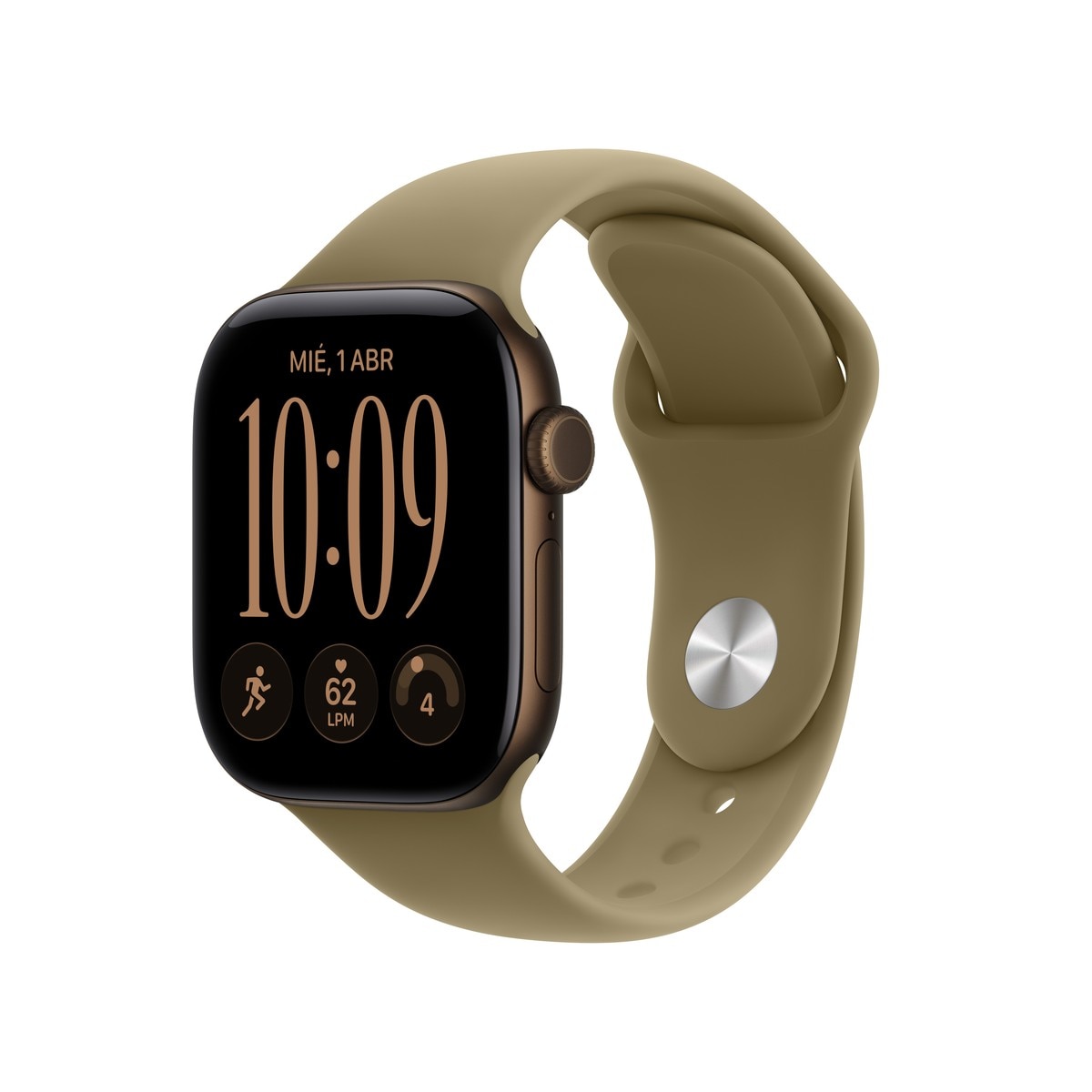 Imagem 0 de Apple Watch Série 12 GPS + Cellular 42 mm, cor bronze escuro, com bracelete desportivo verde-oliva (M/L)